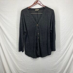 Loralette Womens 1X Charcoal Gray Marl Button Front Long Sleeve V-Neck Top